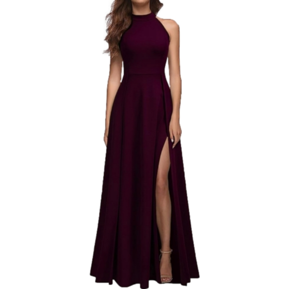 mushare Dresses & Skirts - MUSHARE Halter Neckline Long Cocktail Dress Double Side Slit Burgundy Women XL